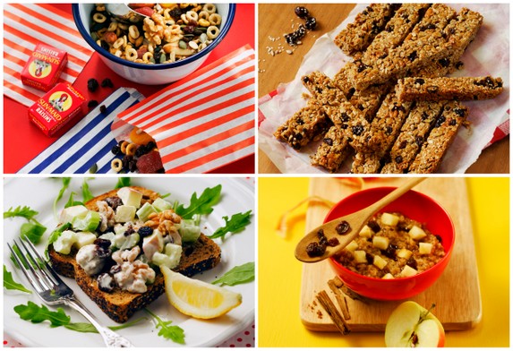 Various snack foods featuring Sun-Maid raisins